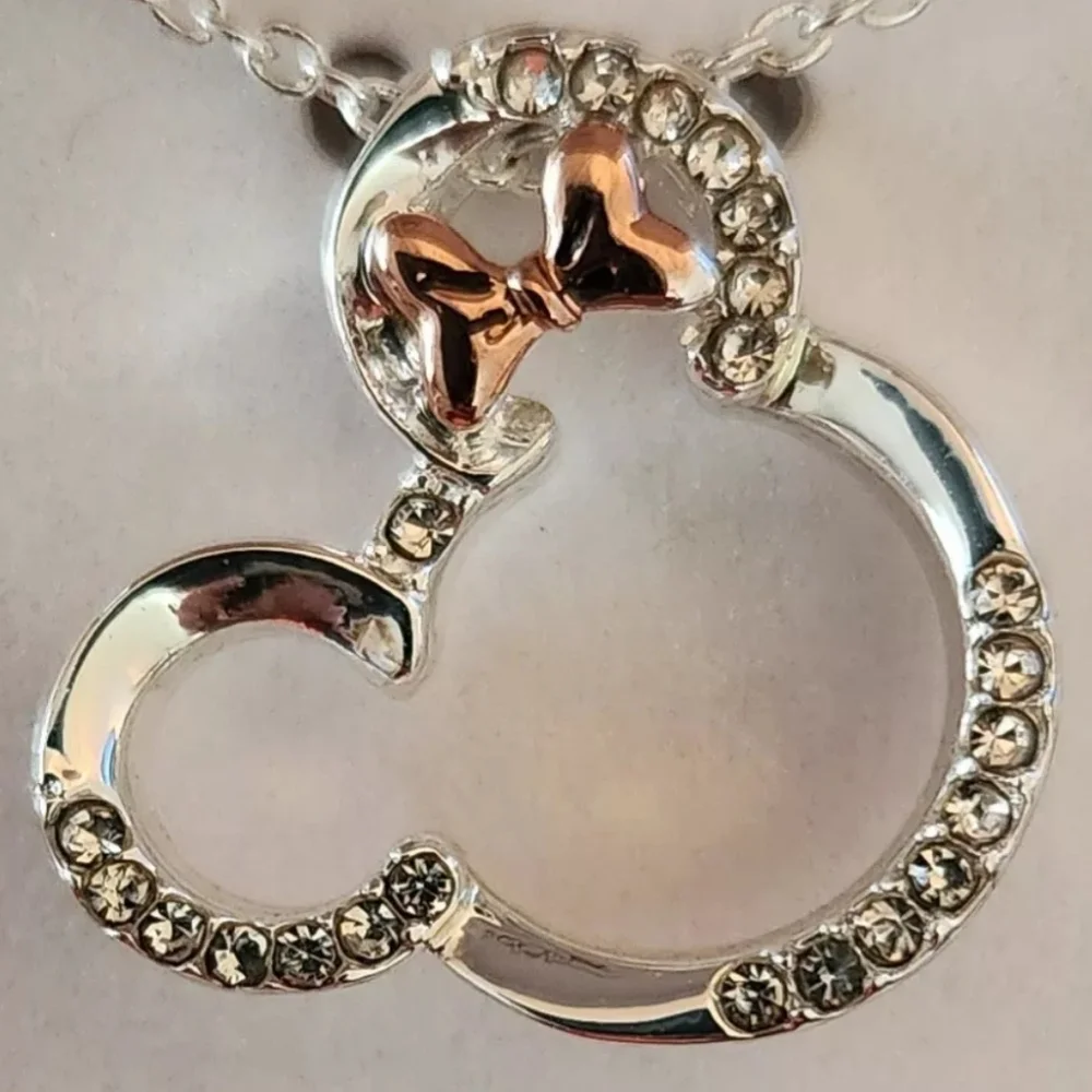 Disney's Minnie Mouse BOWTIFUL Head Bow Two Tone Crystal Necklace Silver Plated